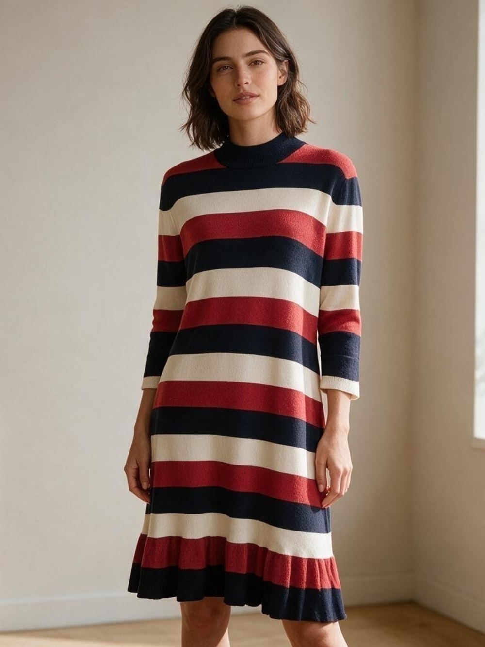 NWT LOFT Striped Sweater Dress Mock Neck Ruffle Flounce Red Navy Size Large